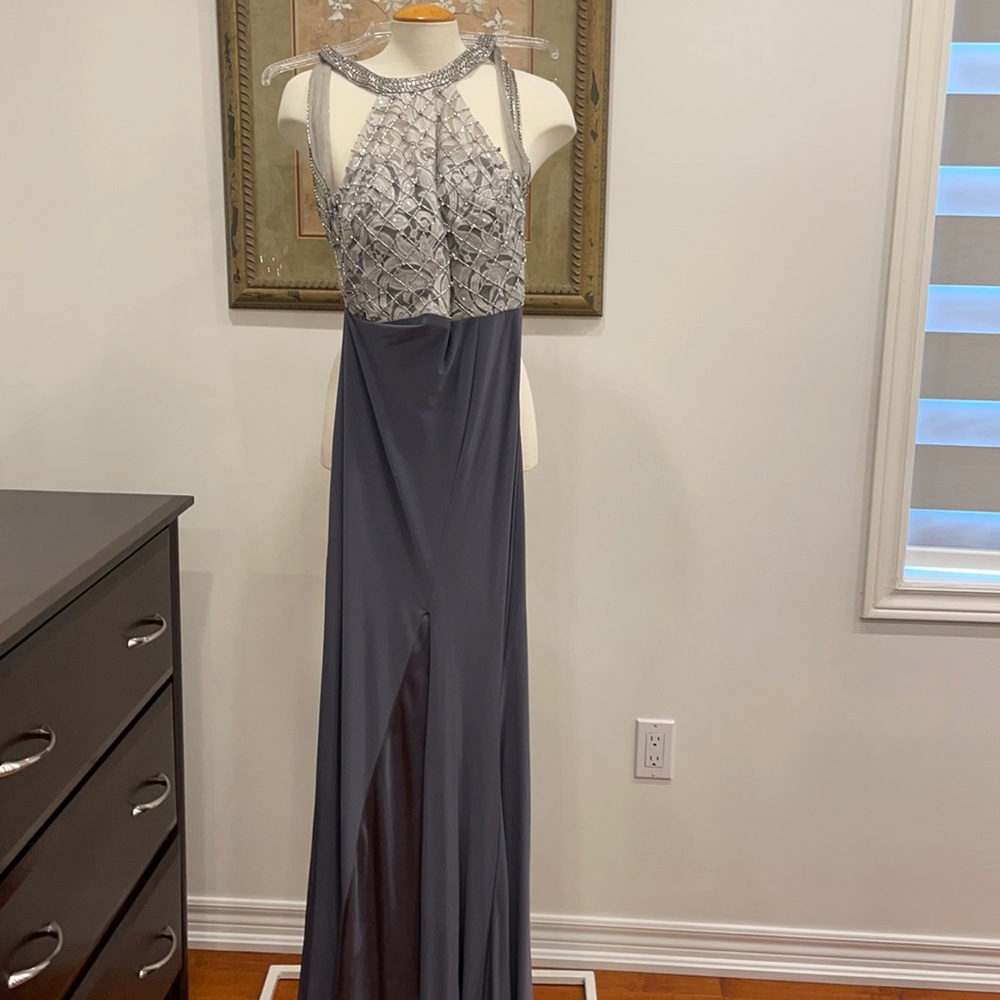 Glow Dress Size 8 open back with rhinestones and Grey